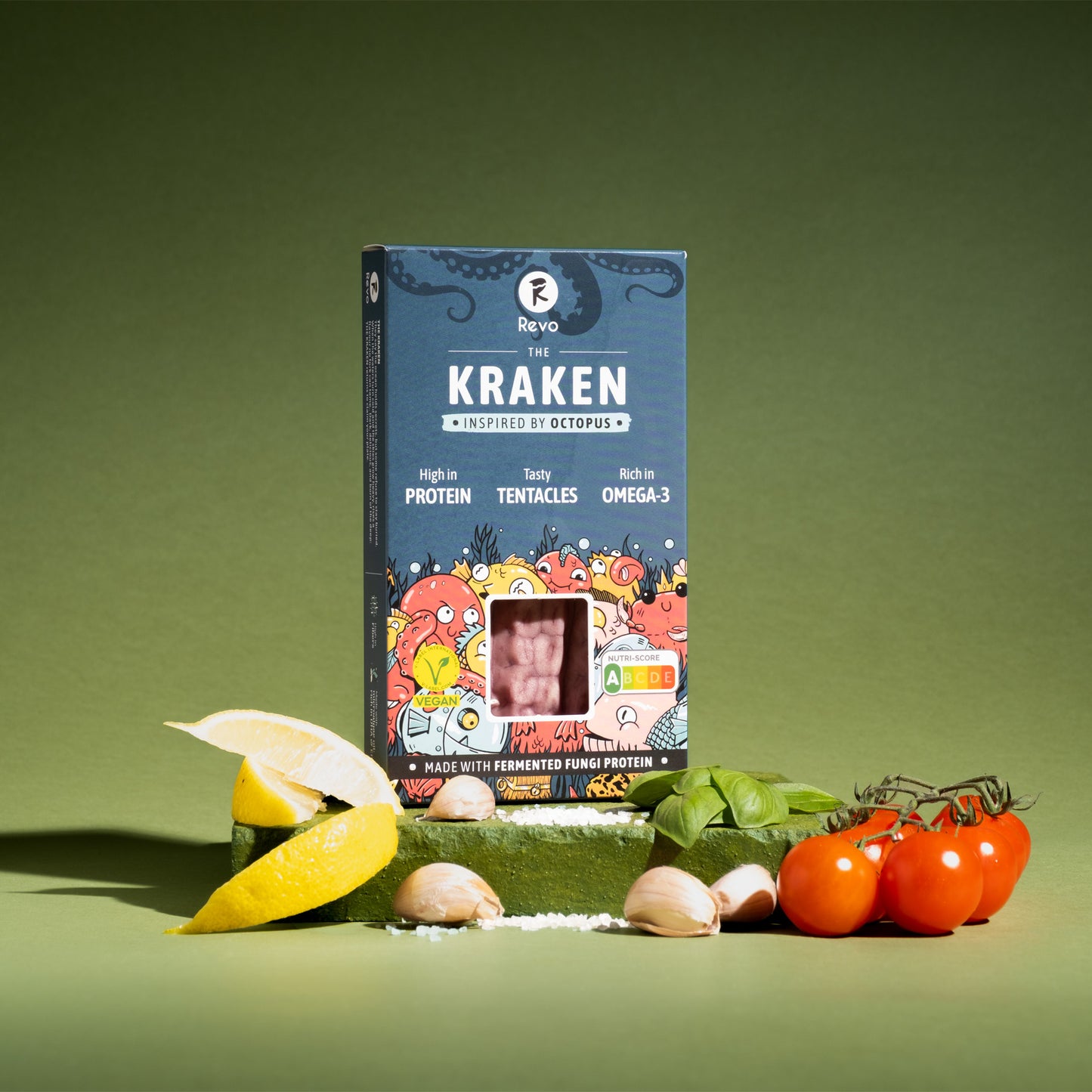Vegane Kraken-Tentakel aus fermentiertem Pilzprotein, proteinreich, mit Zitrone, Knoblauch und Tomaten