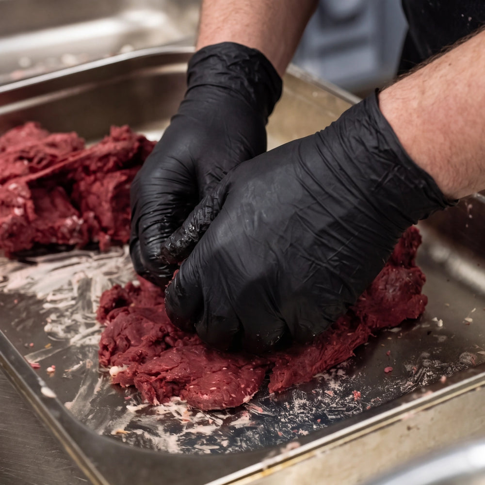 Hände in schwarzen Handschuhen kneten in der Manufaktur eine rote vegane Fleischmasse in einer Edelstahlwanne