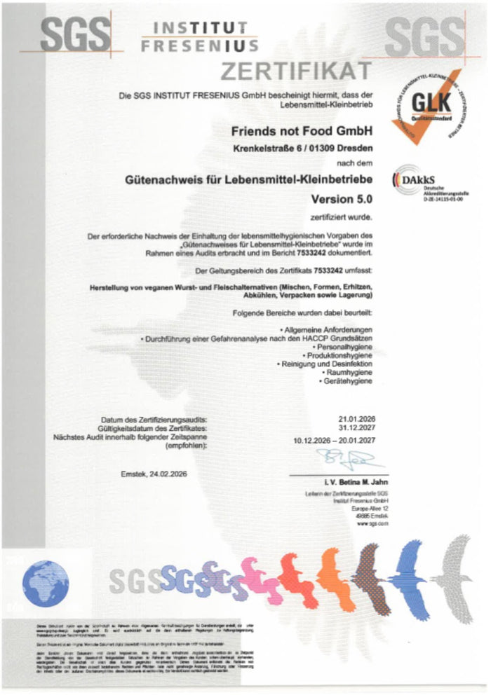 GLK-Zertifikat des SGS Institut Fresenius für die Friends not Food GmbH, gültig bis 31.12.2027